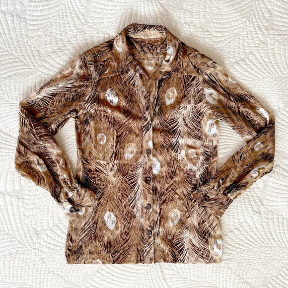 Vintage 70s Dart Collar Sheer Beige Peacock Feather Long Sleeve Blouse Size S - Picture 10 of 11